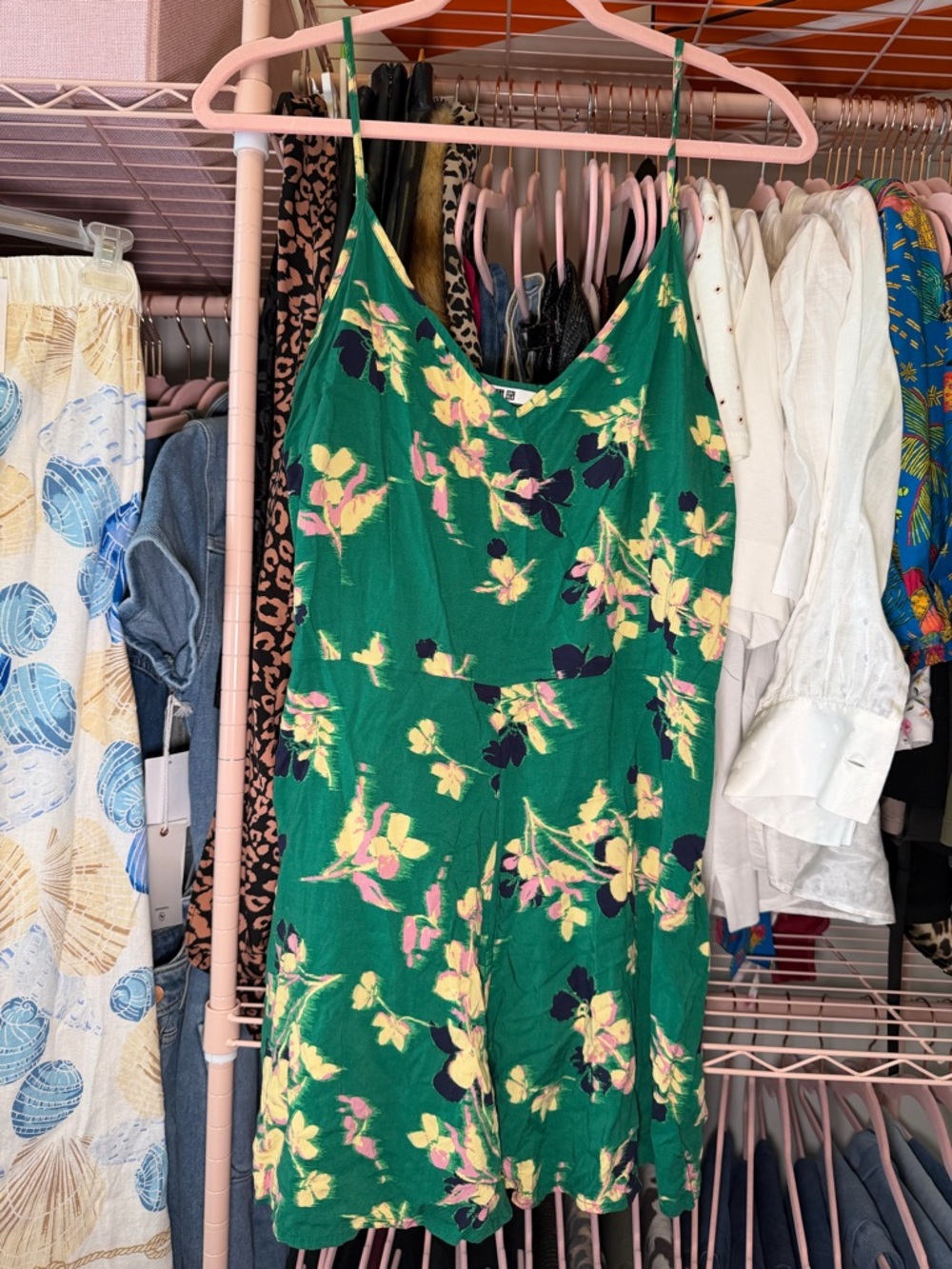 Uniqlo Green Floral V-Neck Romper with Spaghetti Straps - Picture 3 of 7